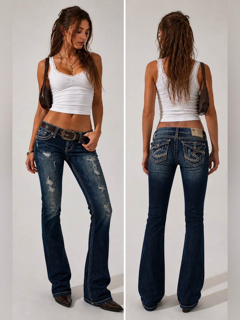 Silver Jeans Tuesday Low Rise Bootcut Distressed Flap Jeans Flare Thick Stitch